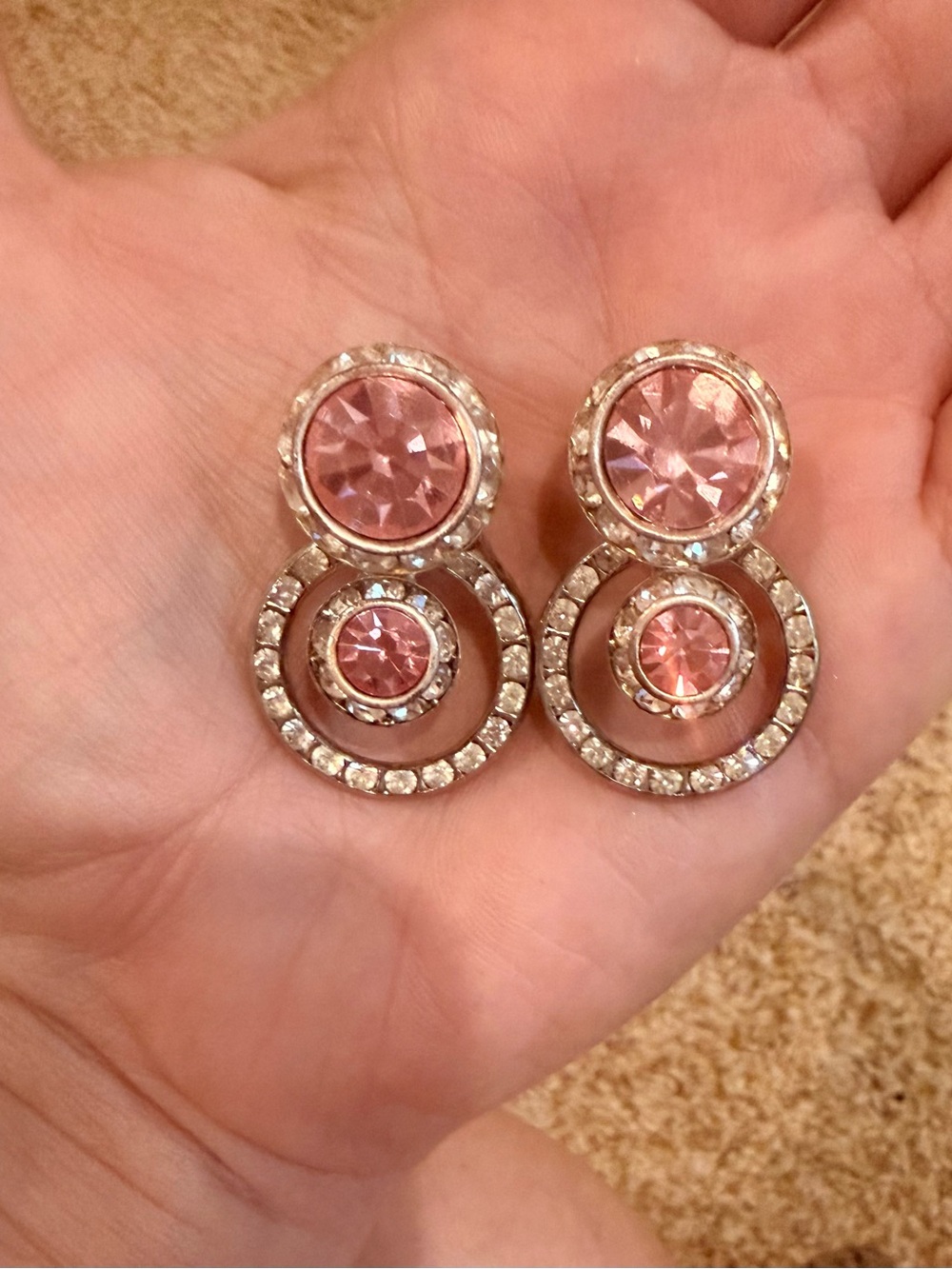 Vintage Elegant Pink Crystal Drop Clip On Earrings - Double Circle Design
